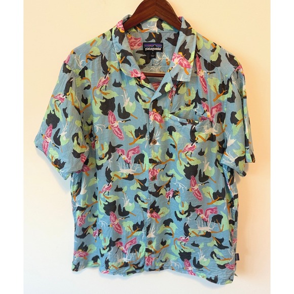 VTG Rare Patagonia Men's A/C Button Up Sz L  Blue Spoonbill Bird Hawaiian Hemp - Picture 3 of 10